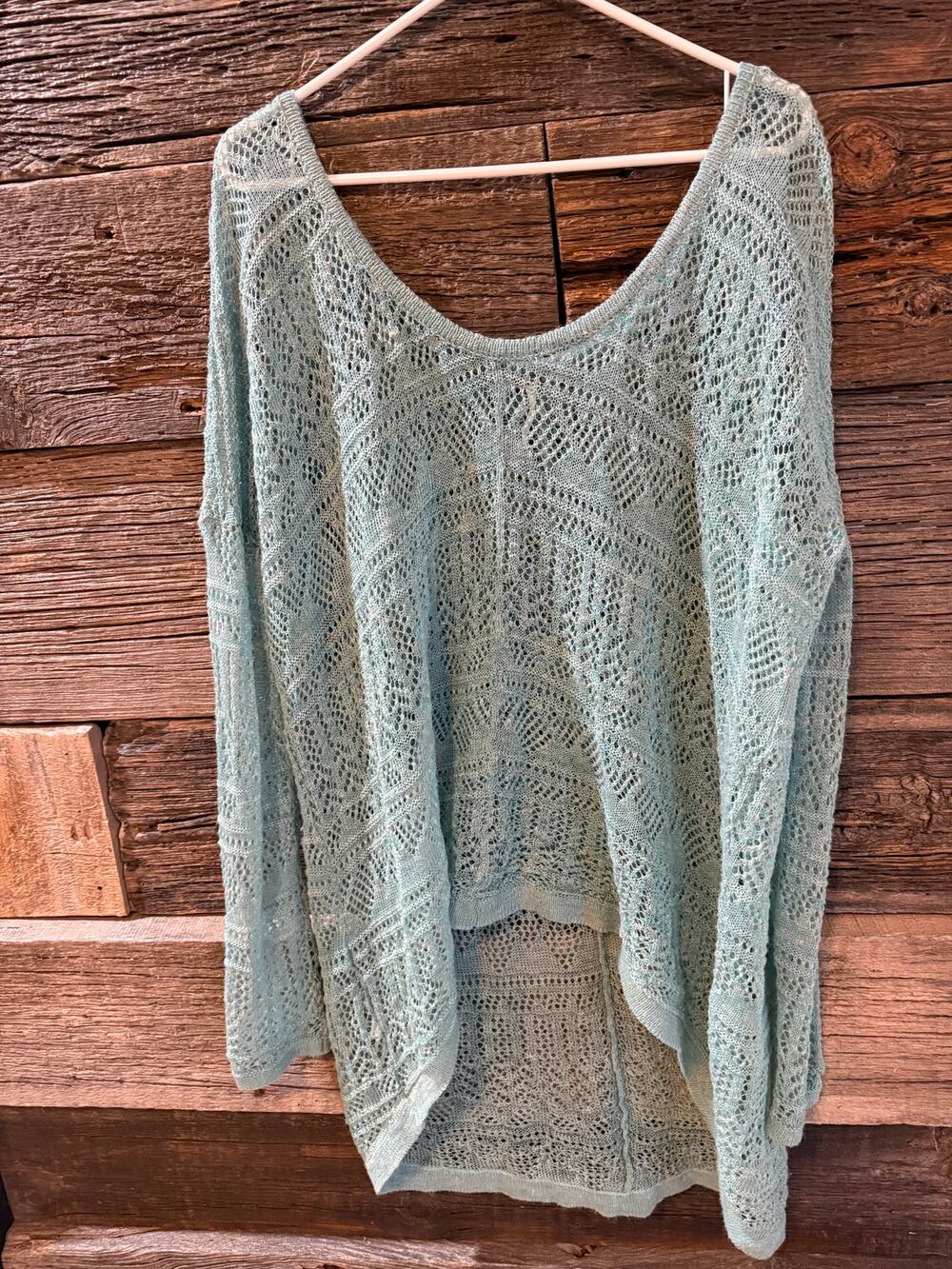 Free People Hi Low Open knit Sweater Womens Aqua Blue Oversized Boho Sheer